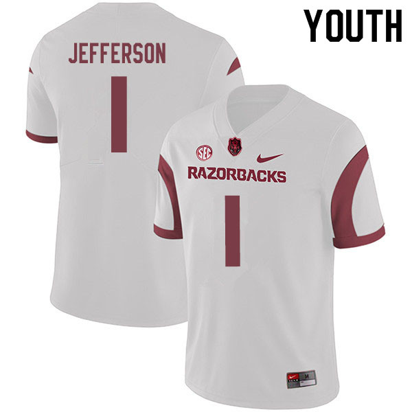 Youth #1 KJ Jefferson Arkansas Razorbacks College Football Jerseys Sale-White - Click Image to Close